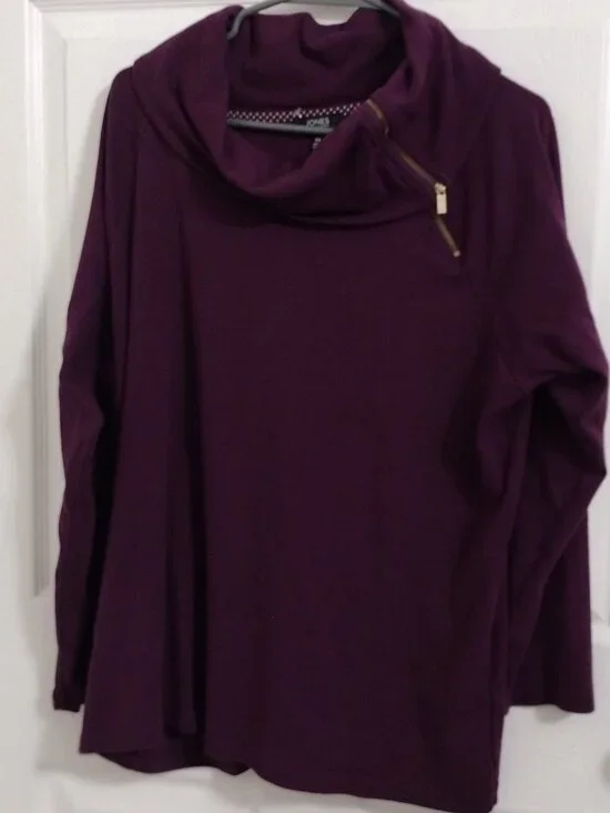 Jones New York Signature 3X Purple Cowl Neck Zip Accent Top 100% Cotton - Picture 3 of 8